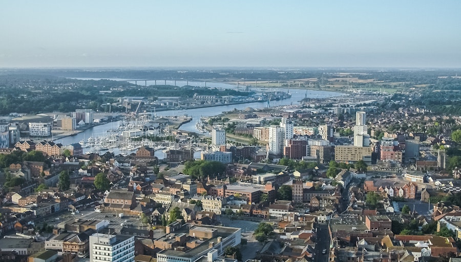 Aerial view of Ipswich town centre and waterfront